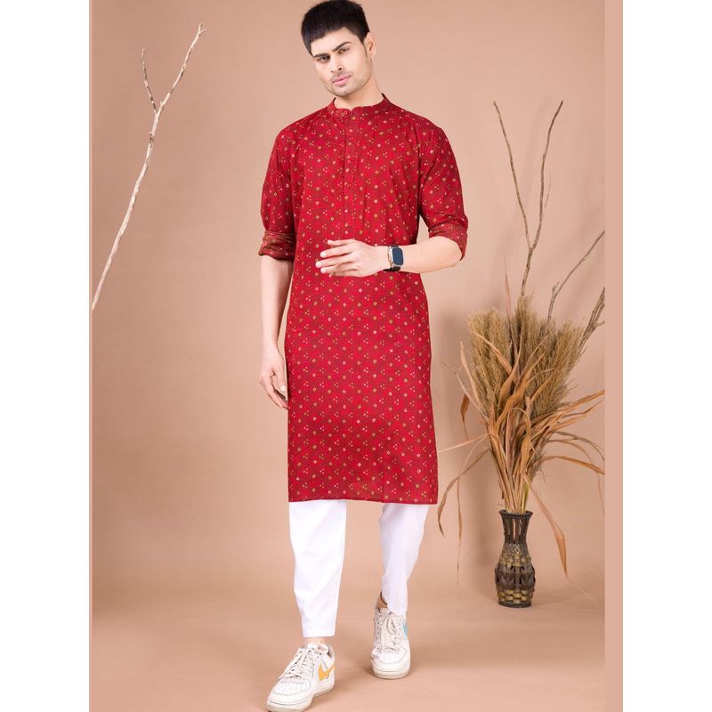 SHIWAM ETHNIX Men Red Printed Cotton Organic Kurta (S)