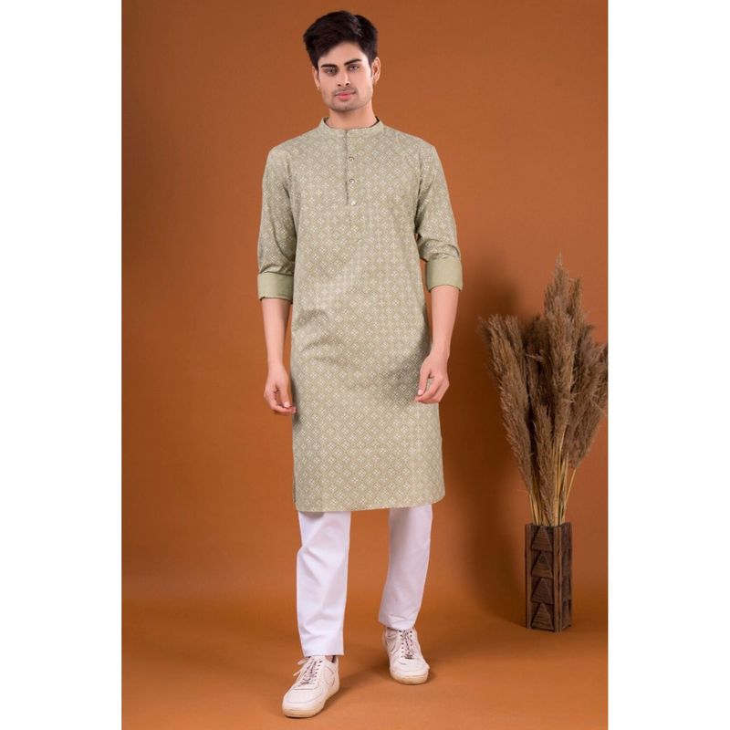 SHIWAM ETHNIX Mens Green Udaipur Cotton Kurta (S)