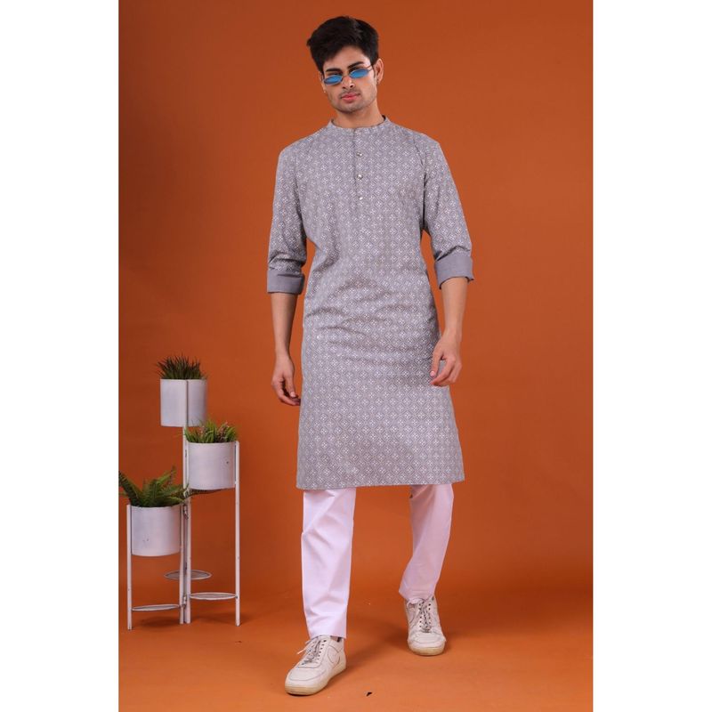 SHIWAM ETHNIX Mens Grey Udaipur Cotton Kurta (S)