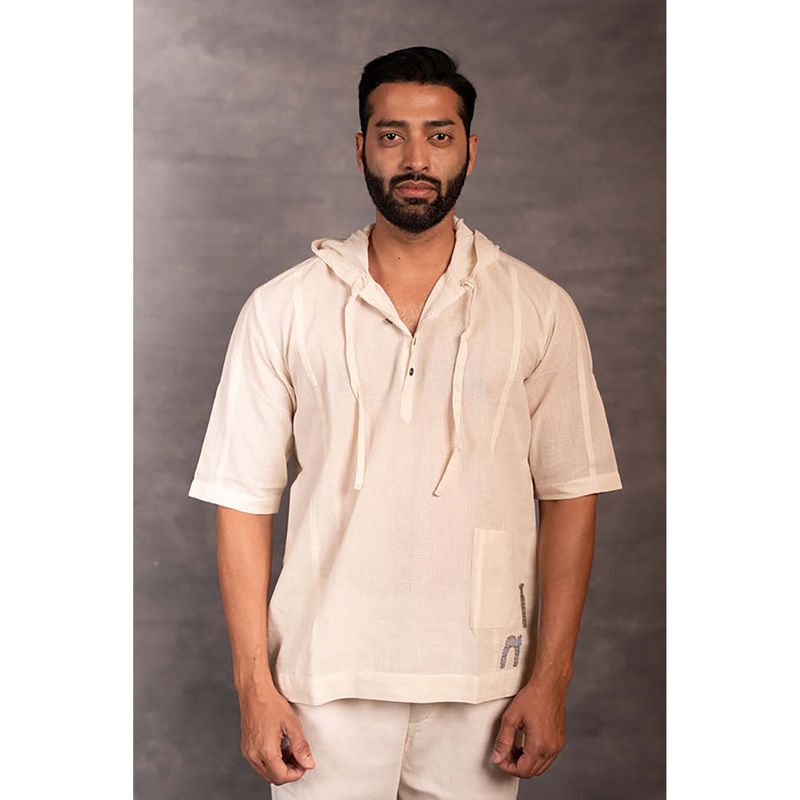 Thread Game Men Off White Khadi Hooded Neck Hoodie (S)