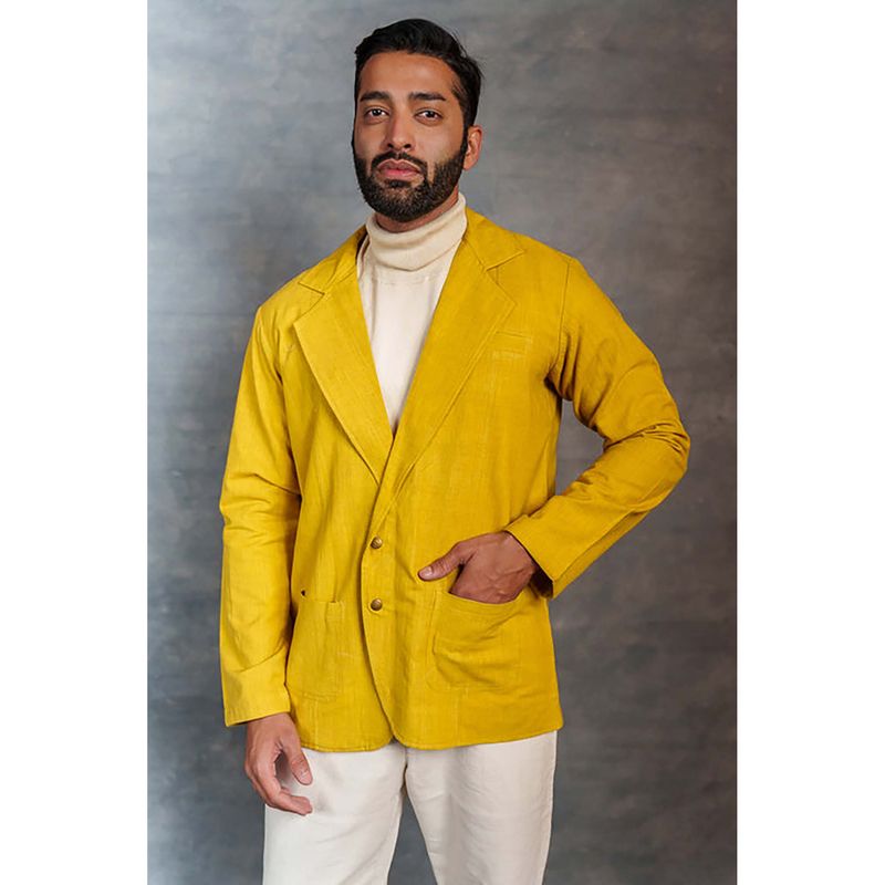Thread Game Men Yellow Khadi Notched Lapel Jacket (XL)