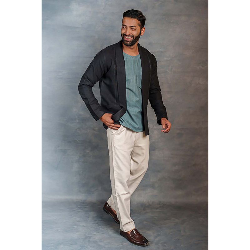 Thread Game Men Black Khadi Notched Lapel Jacket (M)