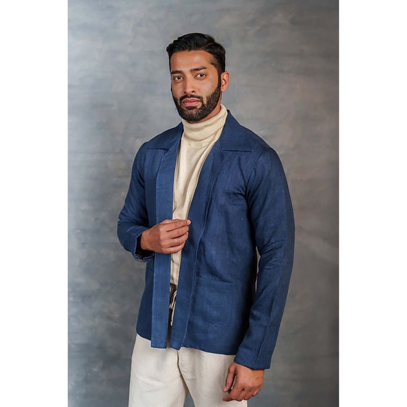 Thread Game Men Blue Khadi Notched Lapel Jacket (L)