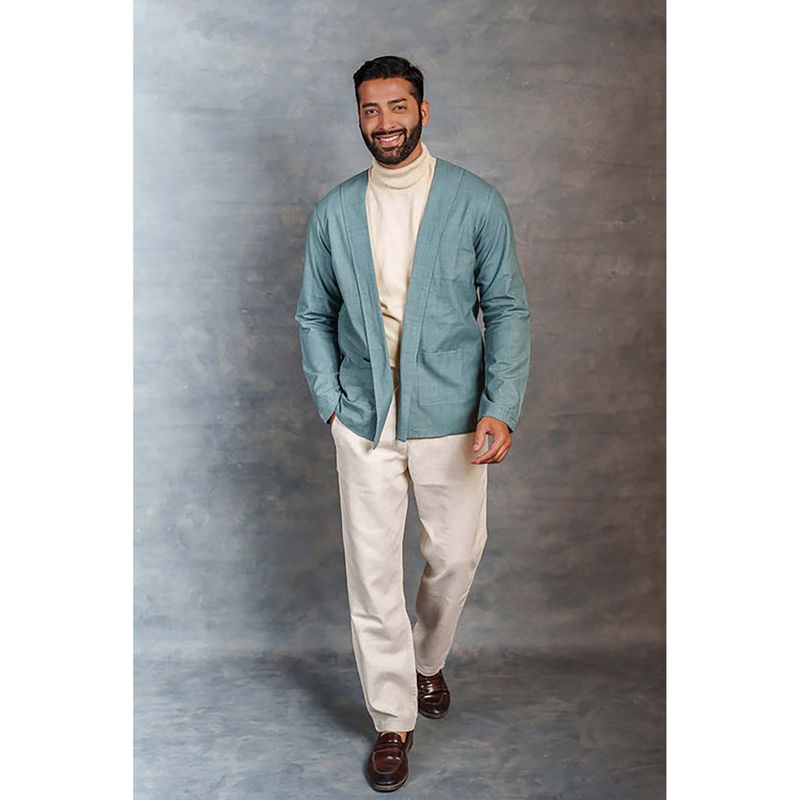 Thread Game Men Aqua Khadi Notched Lapel Jacket (L)