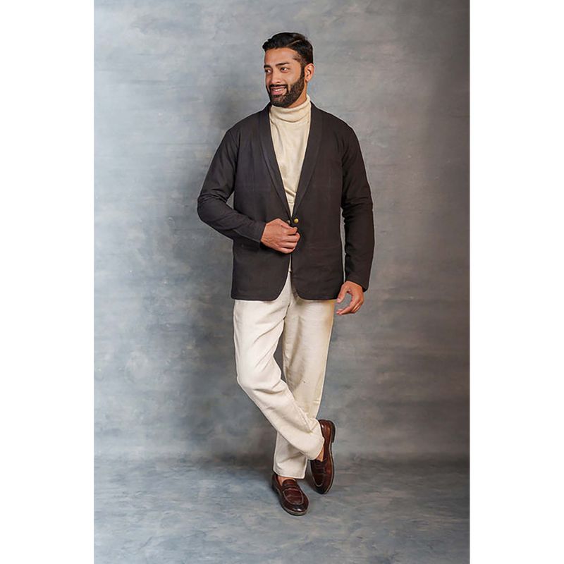 Thread Game Men Black Khadi Notched Lapel Jacket (2XL)