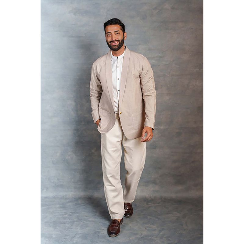 Thread Game Men Beige Khadi Notched Lapel Jacket (L)