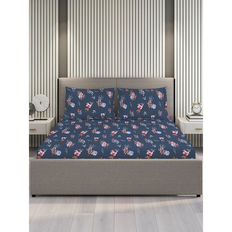 Layers Emaline Collection 144 TC 100% Cotton Blue Spring Floral Double Size Flat Bedsheet Set