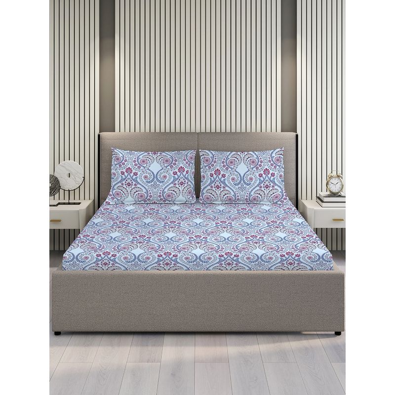 Layers Emaline Collection 144 TC 100% Cotton Blue Ornate Paisley Double Size Flat Bedsheet Set