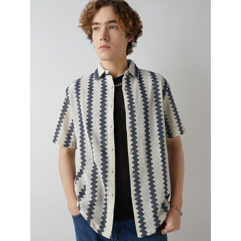 Bewakoof Men's Off White & Blue Textured Oversized Shirt (S)