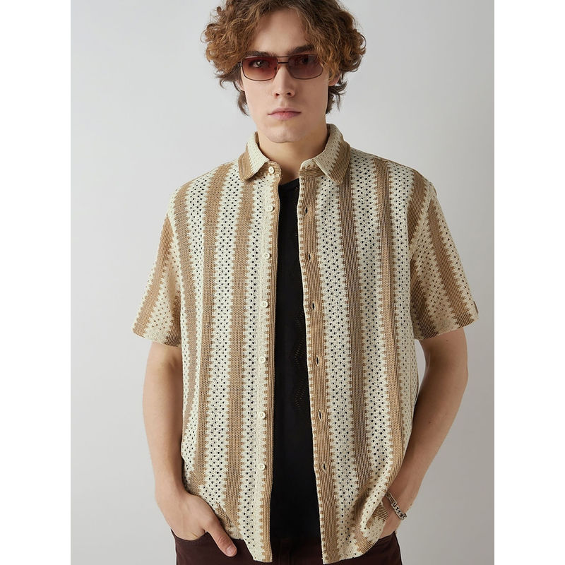 Bewakoof Men's Beige & Brown Textured Oversized Shirt (M)