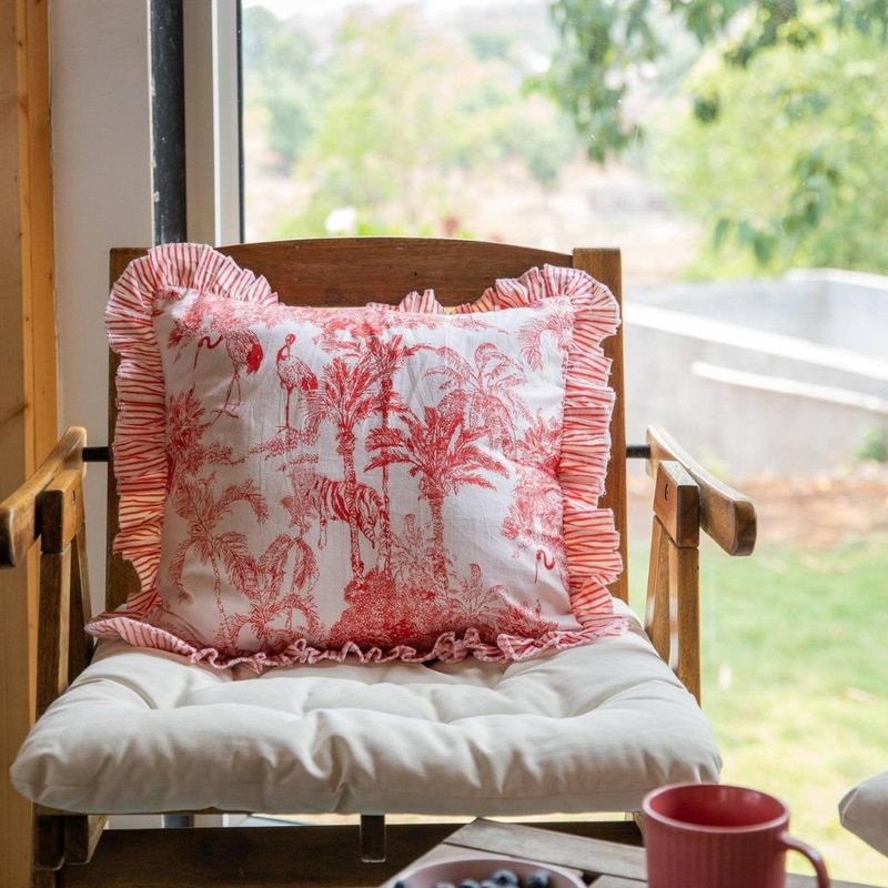 House of Ekam Red Tropical Dreams Ruffle Cushion Cover (20x20 inches)