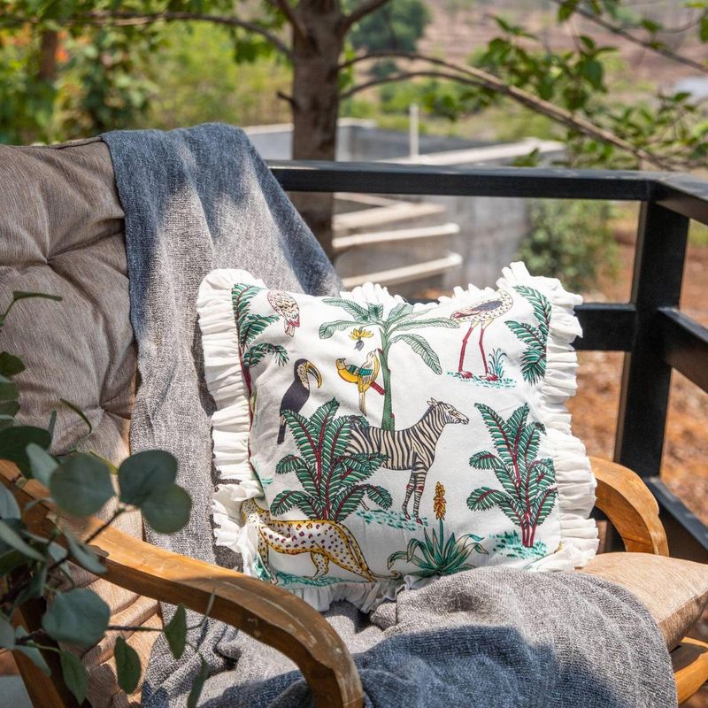 House of Ekam White Tropical Dreams Ruffle Cushion Cover (16x16 inches)