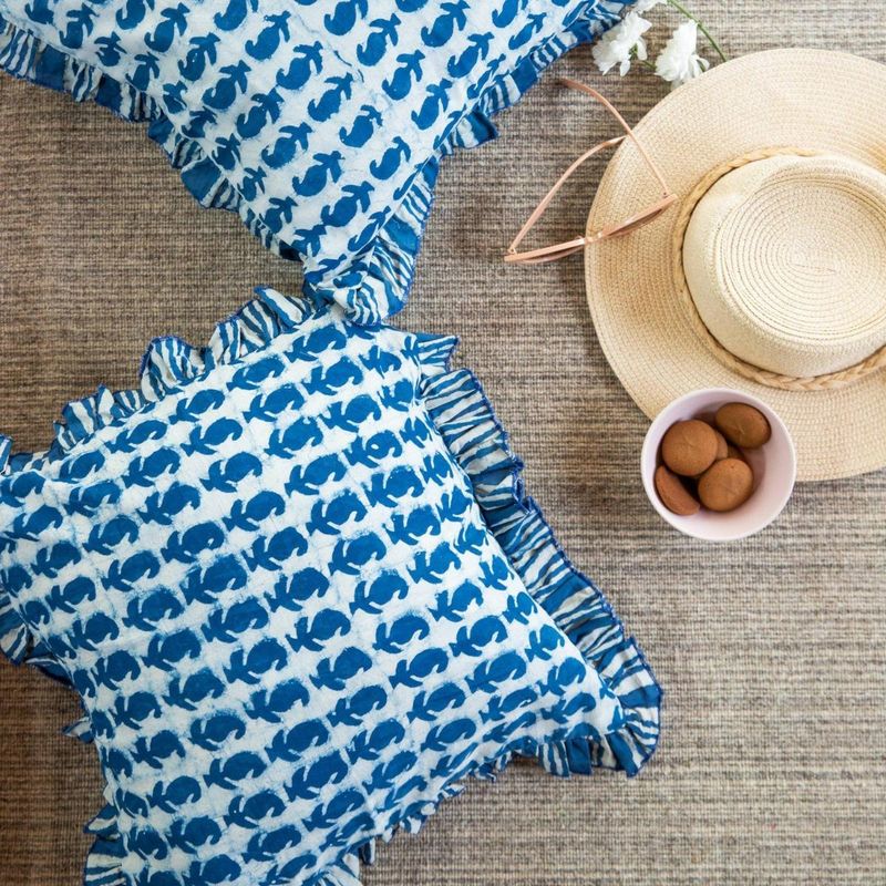 House of Ekam Indigo Paisley Ruffle Cushion Cover (16x16 inches)