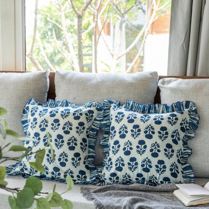 House of Ekam Indigo Marigold Ruffle Cushion Cover (16x16 inches)