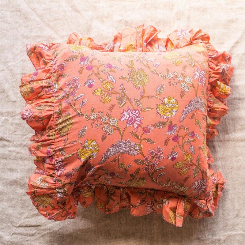 House of Ekam Orange Spring Ruffle Cushion Cover (16x16 inches)