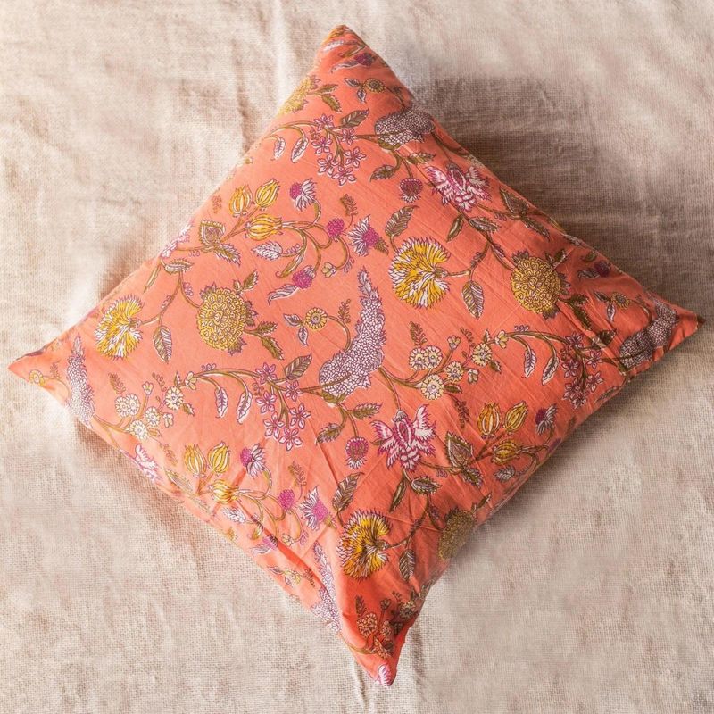 House of Ekam Orange Spring Floral Fields Cushion Cover (16x16 inches)