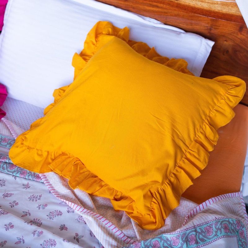 House of Ekam Solid Yellow Ruffle Cushion Cover (16x16 inches)