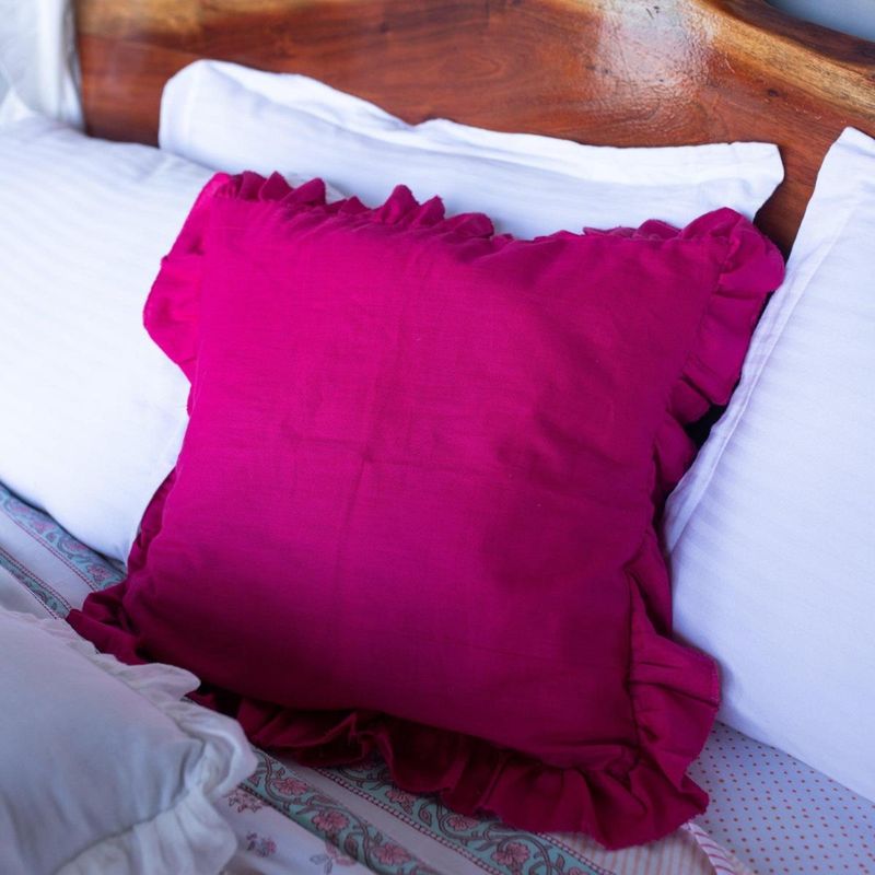 House of Ekam Solid Pink Ruffle Cushion Cover (16x16 inches)