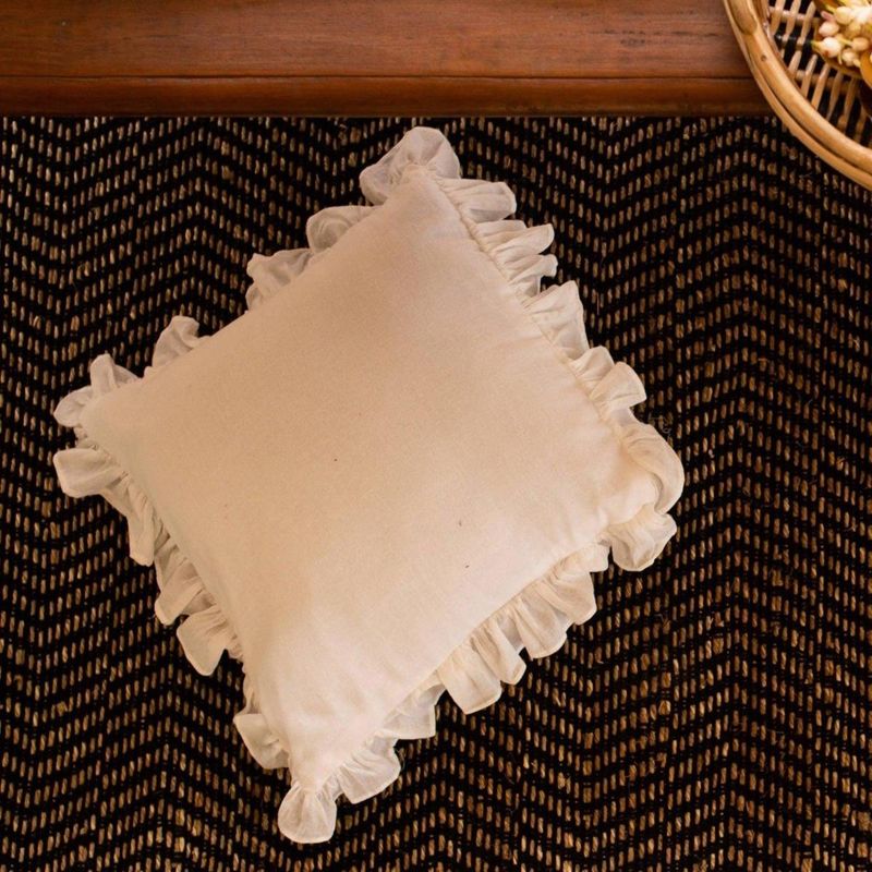 House of Ekam Solid White Ruffle Cushion Cover (16x16 inches)
