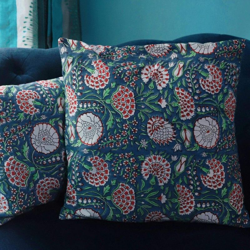 House of Ekam Blue Pomegranate Cushion Cover (16x16 inches)