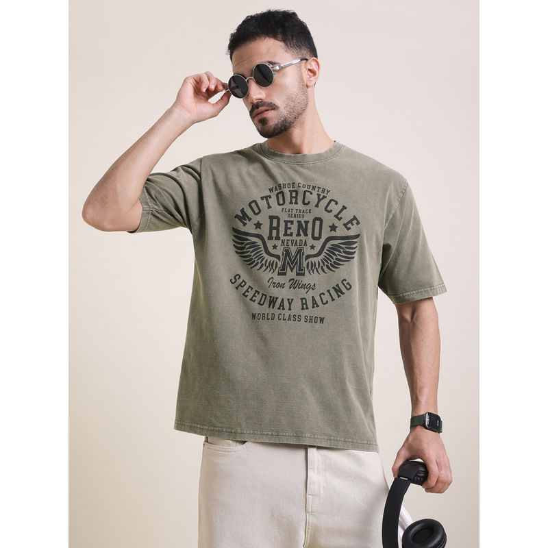 DILLINGER Mens Olive Oversized Short Sleeve Acid Washed T-Shirt (L)