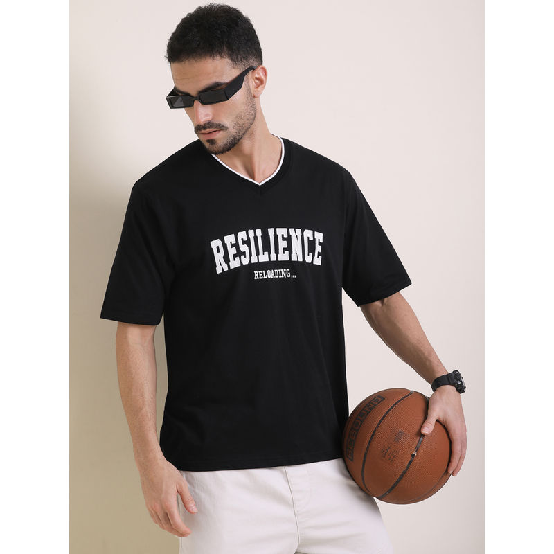 DILLINGER Mens Black Oversized Short Sleeve Embroidery V-Neck T-Shirt (M)