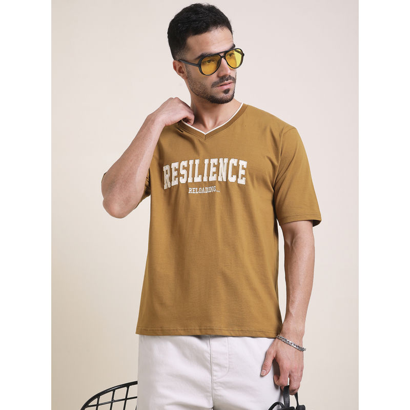 DILLINGER Mens Mustard Oversized Short Sleeve Embroidery V-Neck T-Shirt (S)
