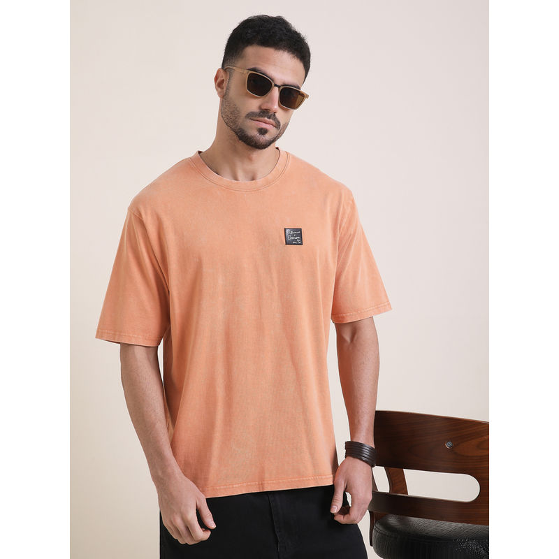 Difference of Opinion Mens Orange Oversized Acid Wash Typography T-Shirt (XL)