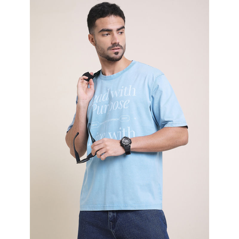 Difference of Opinion Mens Blue Oversized Acid Wash Typography T-Shirt (S)