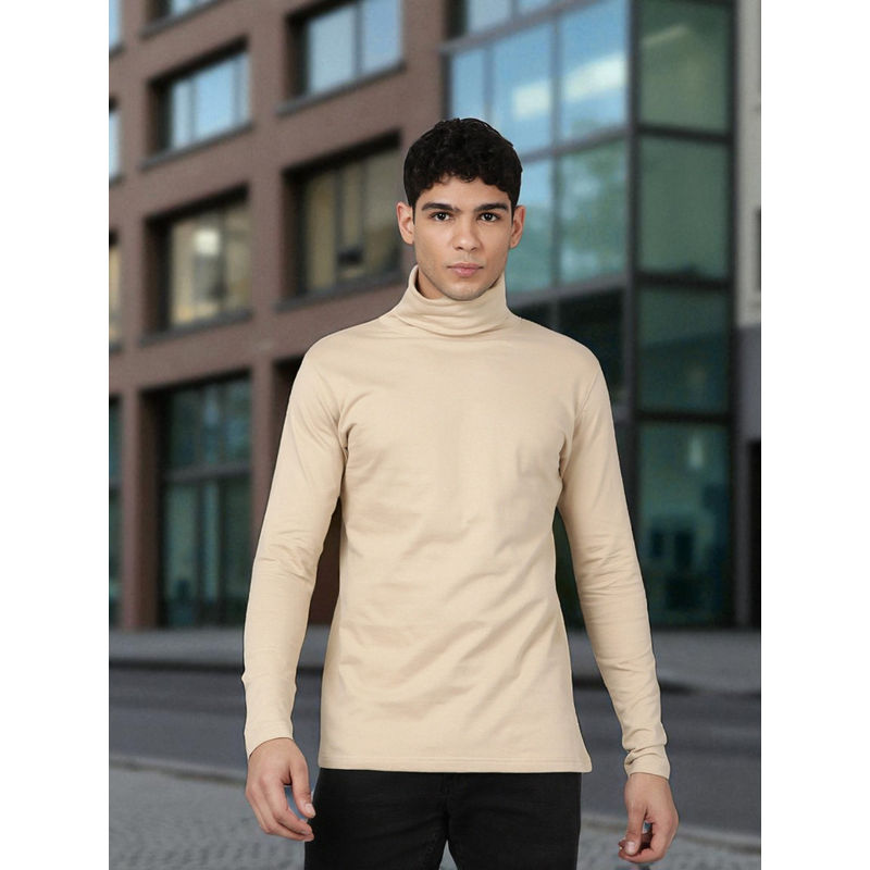 Kryptic Men Beige Cotton Solid Full Sleeve T-Shirt (M)