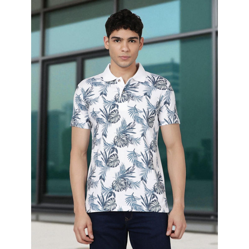 Kryptic Men Blue Cotton Floral Printed Polo T-Shirt (XL)