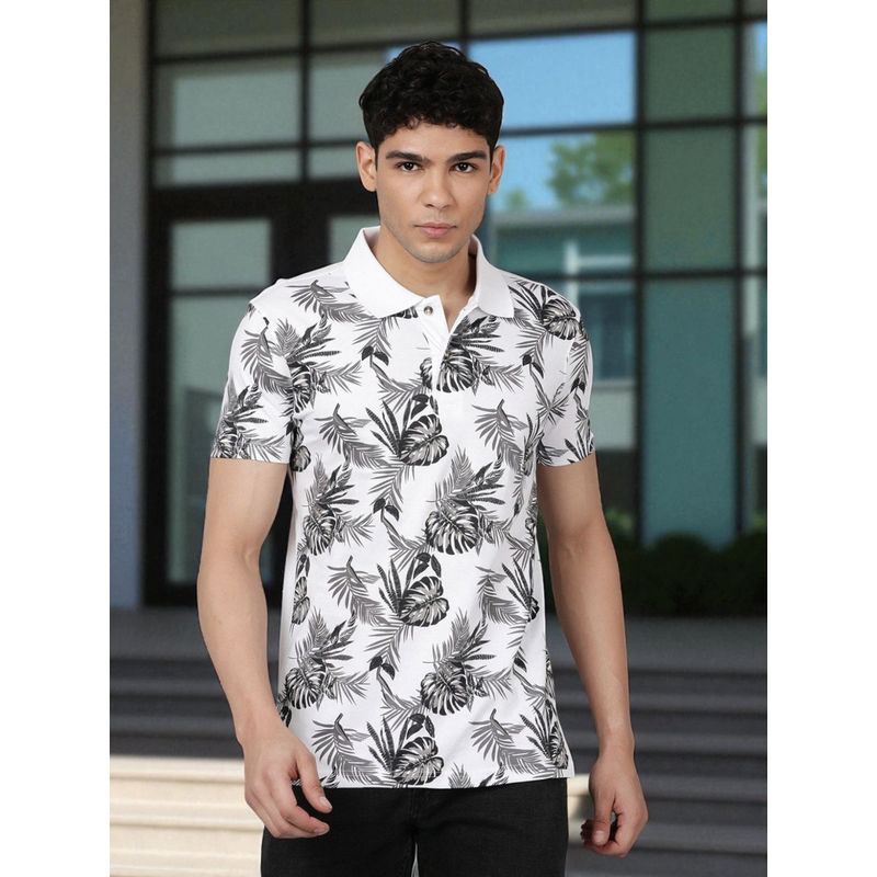 Kryptic Men Black Cotton Floral Printed Polo T-Shirt (M)