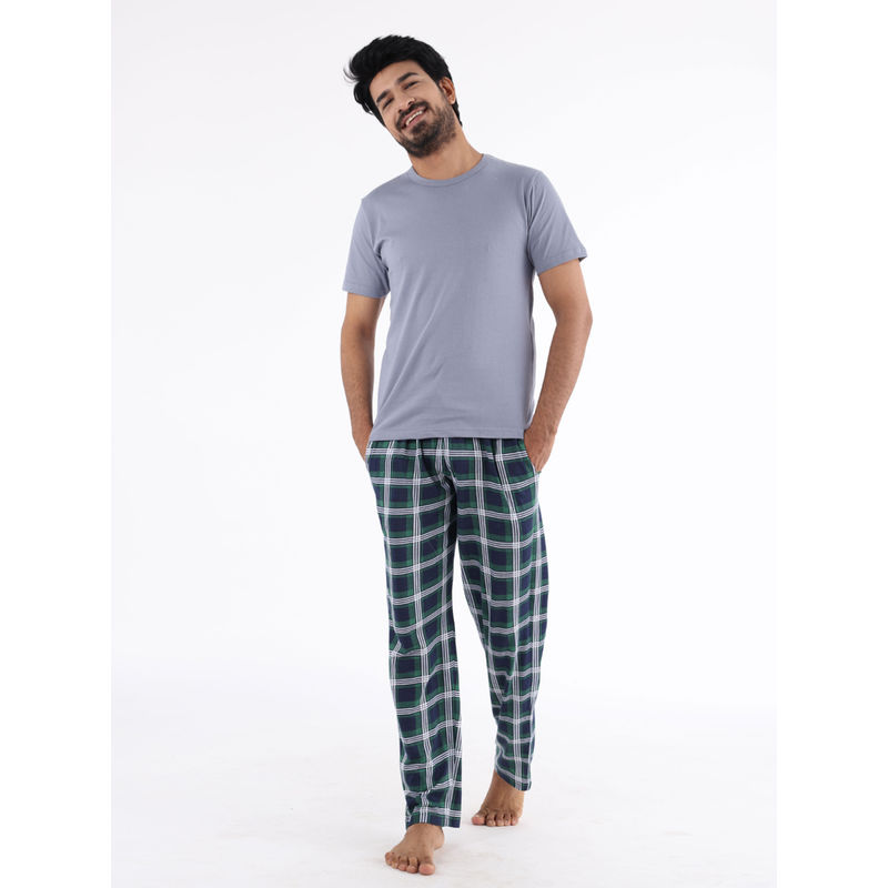 Nite Flite Green & Grey Checked Cotton Mens Pyjama Set (Set of 2) (L)