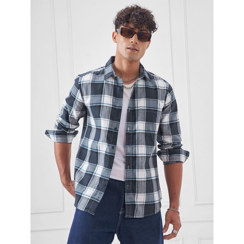 HIGHLANDER Men Cream Navy Blue Flannel Checked Casual Shirt (S)