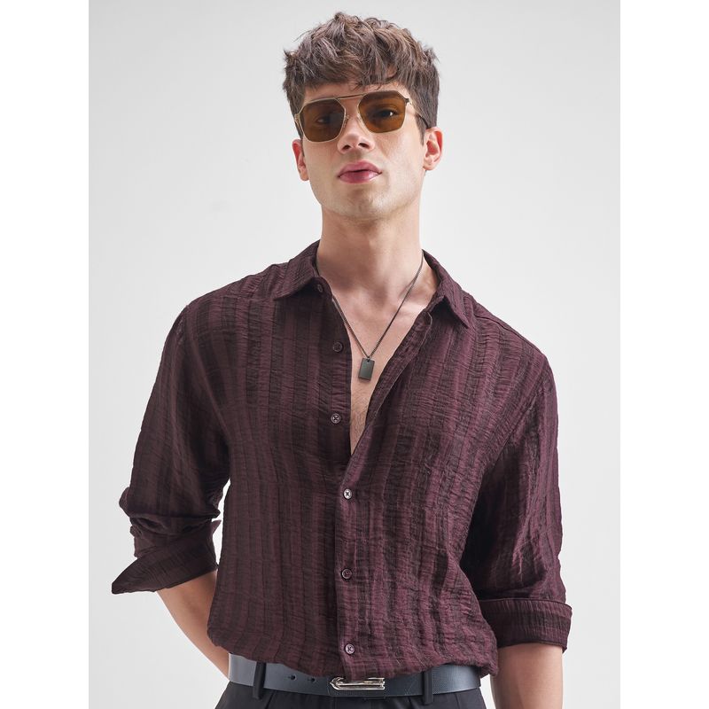 HIGHLANDER Men Maroon Striped Double Cloth Evening Party Shirt (L)