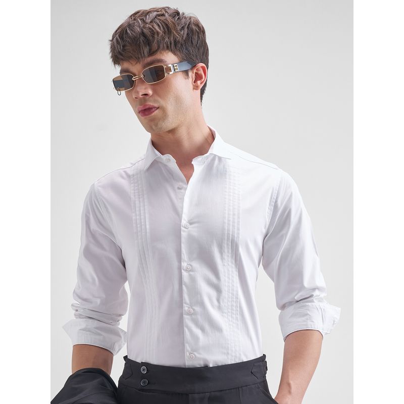 HIGHLANDER Men White Pleated Premium Satin Evening Casual Shirt (XL)