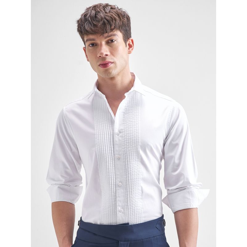 HIGHLANDER Men White Pleated Premium Satin Evening Casual Shirt (L)