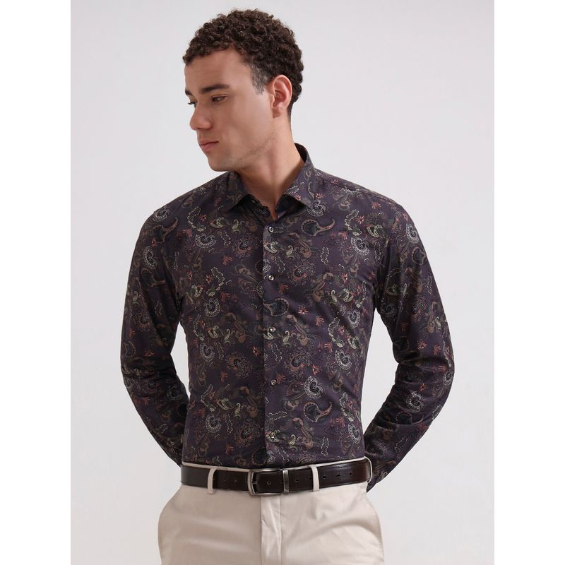Wyre Men Brown Satin Printed Slim Fit Party Wear Shirt (38)