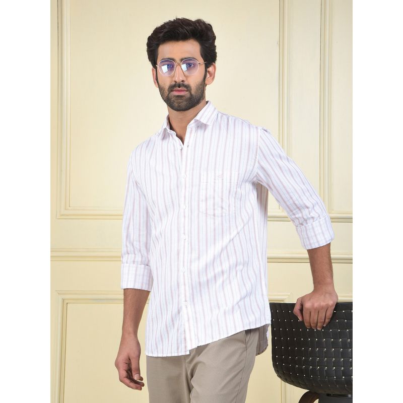 CRIMSOUNE CLUB Men White Vertical Stripes Pure Cotton Casual Shirt (M)