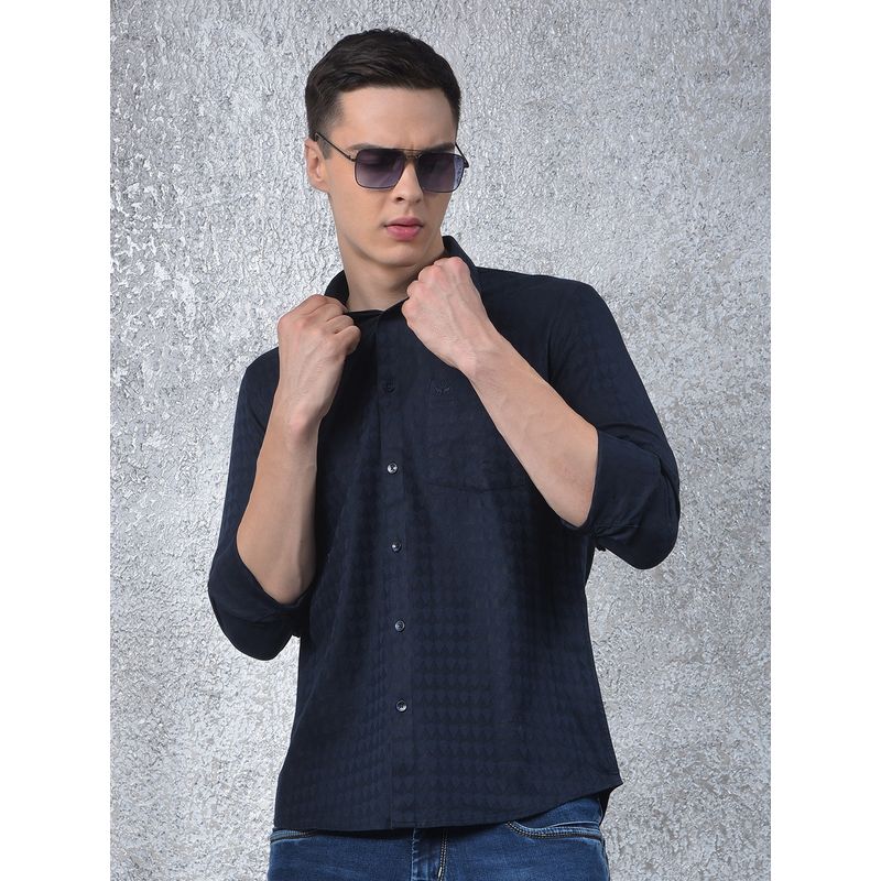 CRIMSOUNE CLUB Men Navy Blue Textured Casual Shirt (S)