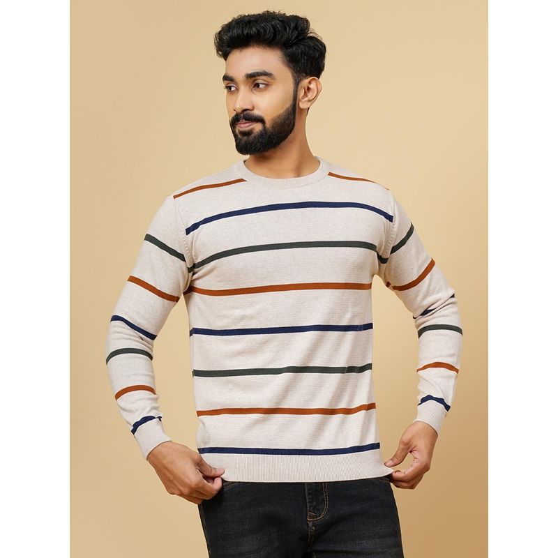 JadeBlue Off White 100% Cotton Winter T-Shirt for Men Strops Slim Fit (46)