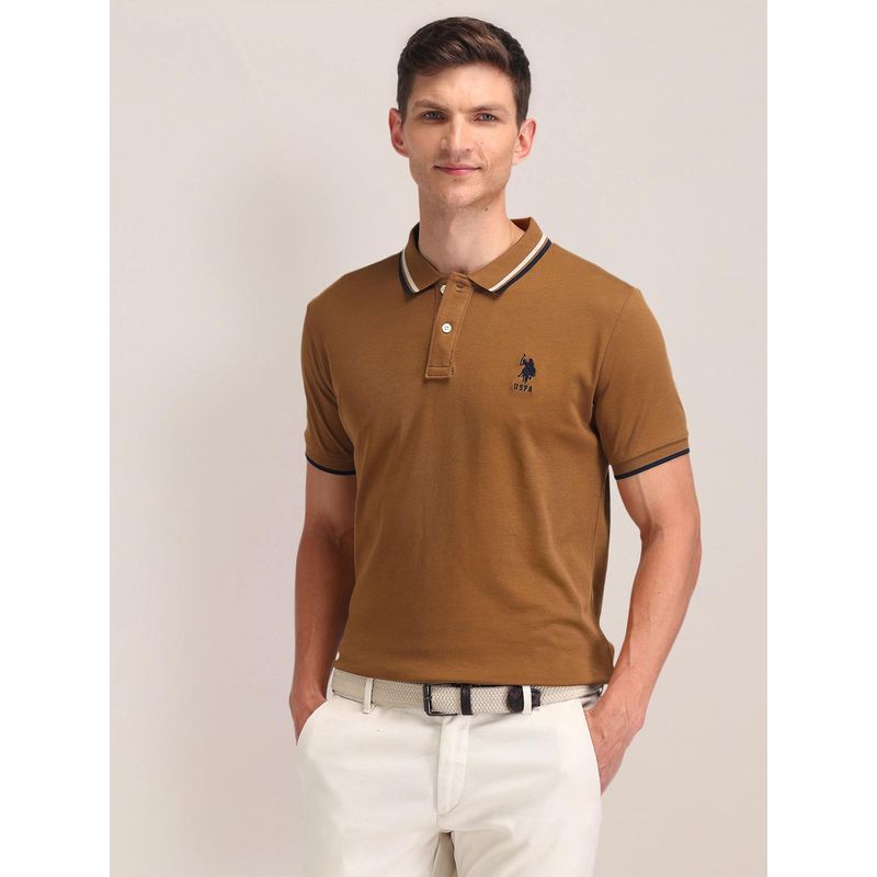 U.S. POLO ASSN. Mens Brown Solid/Plain Polo T-Shirt (L)