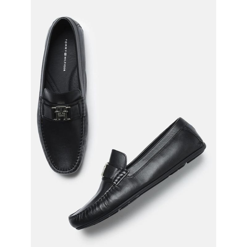 Tommy Hilfiger Solid Black Leather Slip On Loafers (EURO 43)