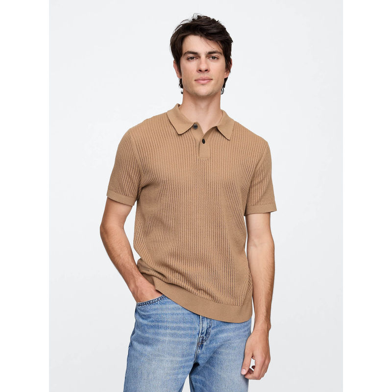 GAP Men Beige Textured Polo Neck T-shirt (S)