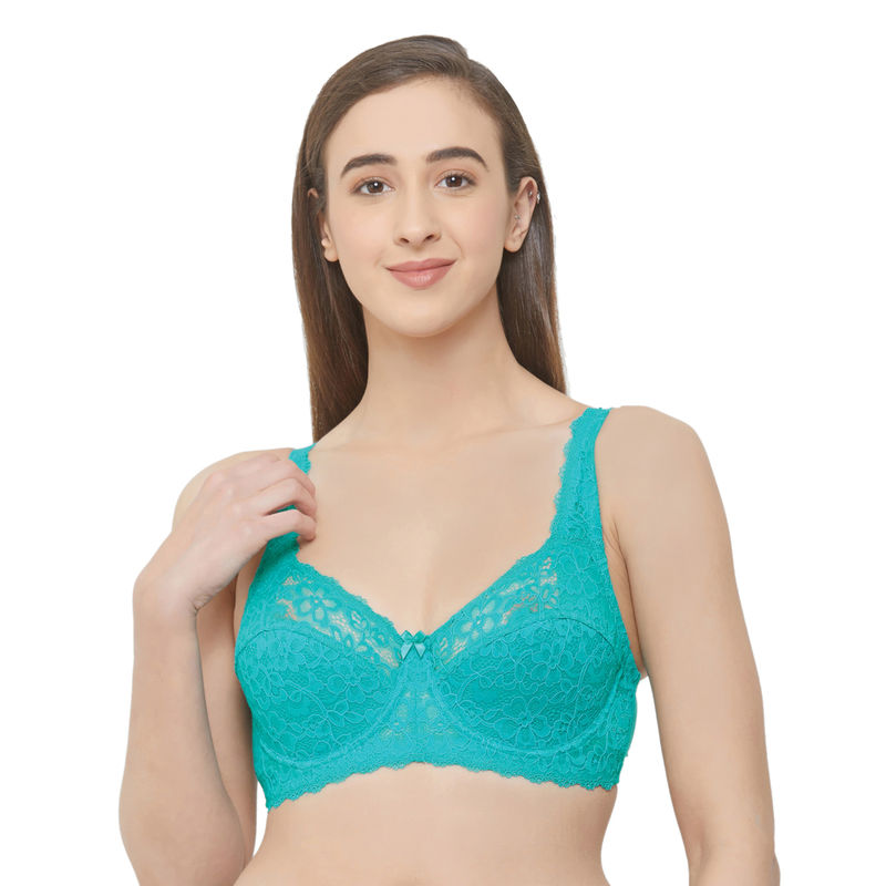 SOIE Women's Full Coverage Non Padded Wired Lace Bra - TROPICAL-GREEN (32B)