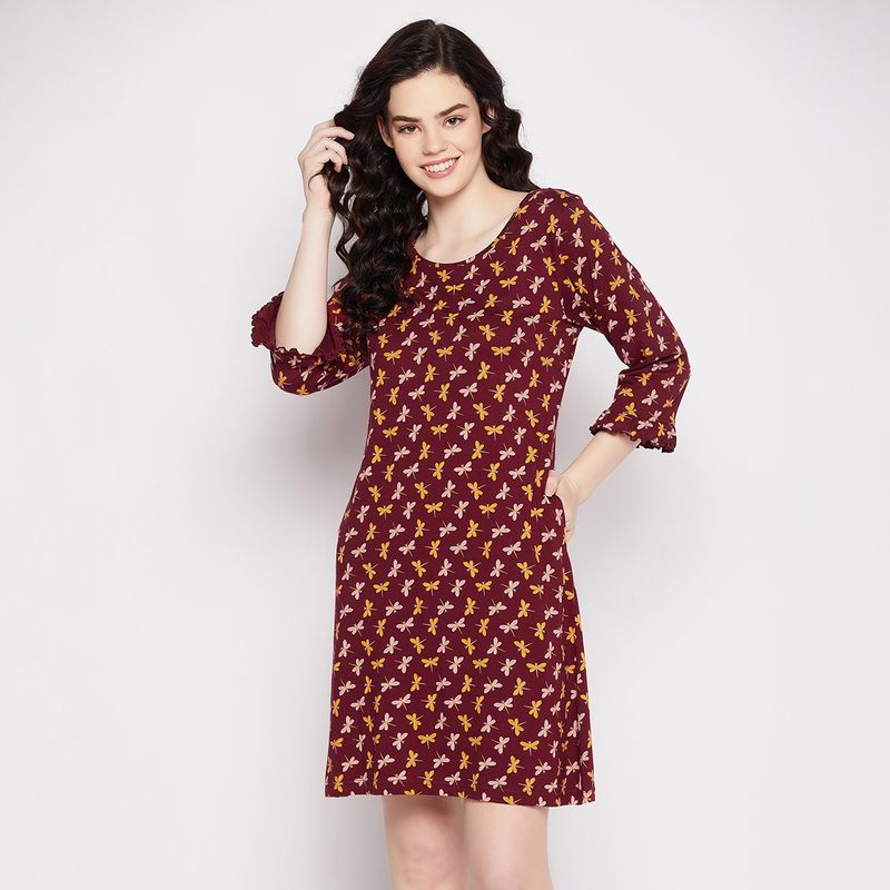 Clovia Graphic Print Short Nightdress With Pocket Maroon (M)