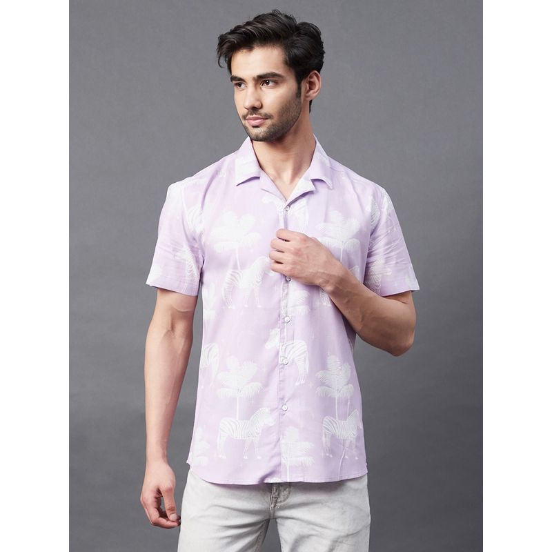 RIGO Men Purple Zebra Print Cuban Collar Half Sleeve Rayon Shirt (M)