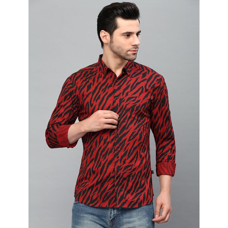 RIGO Men Red Zebra Printed Cut Away Collar Full Sleeve Shirt (S)