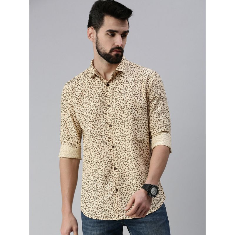 SHOWOFF Men Casual Collar Neck Beige Floral Shirt (42)