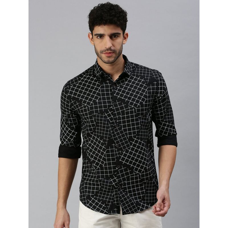 SHOWOFF Men Roll-Up Sleeves Black Other Checks Shirt (L)